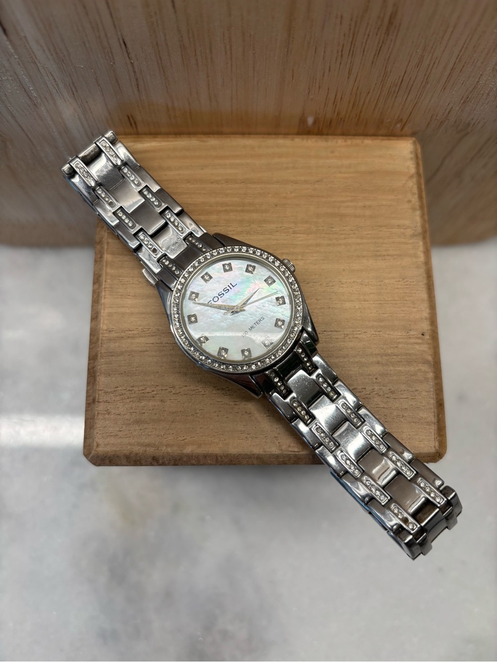 Fossil Silver-Tone Watch with Mother-of-Pearl Dial and Crystal Accents